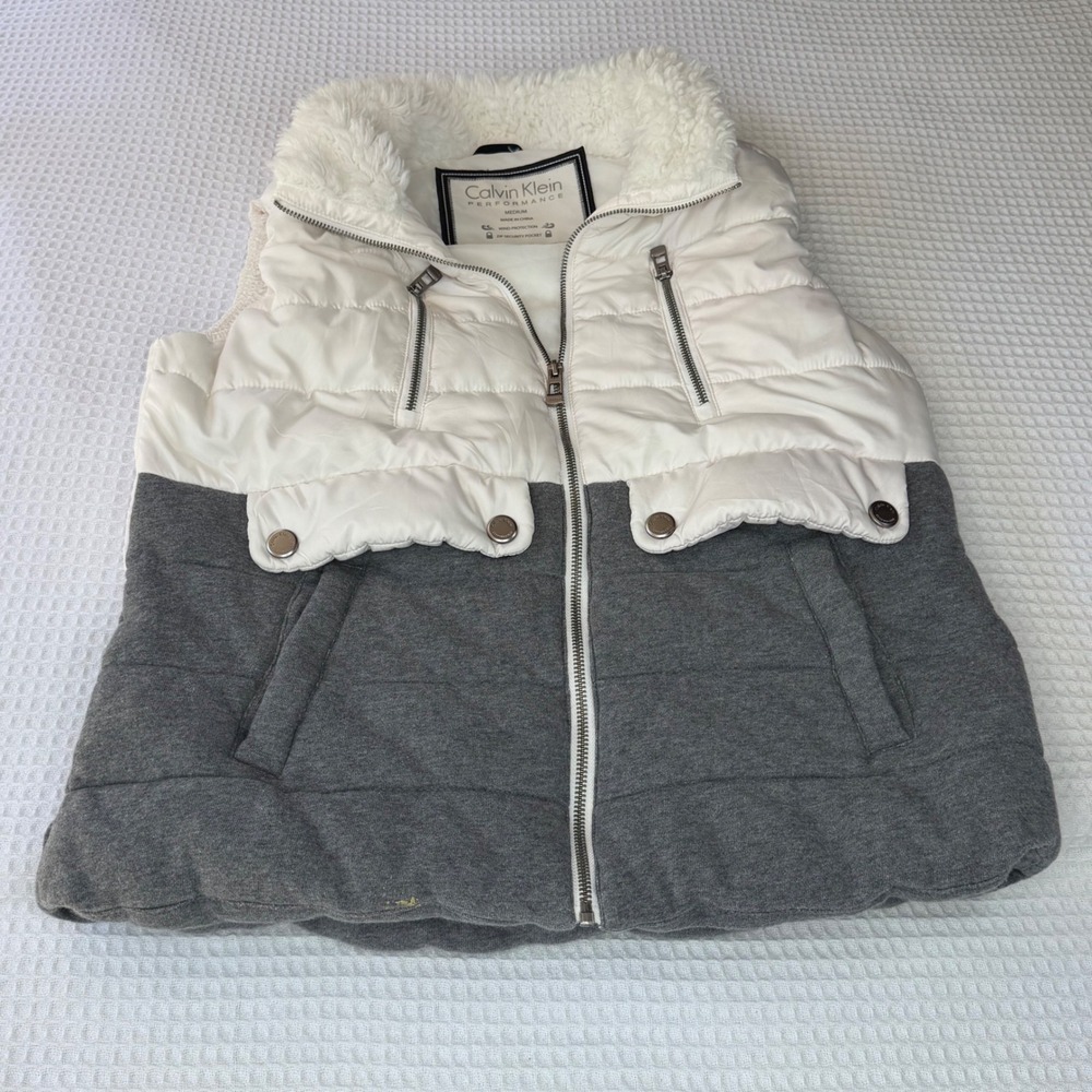 Calvin‎ Klein Performance Womens Puffer Vest White Grey Colorblock Faux Fur Med